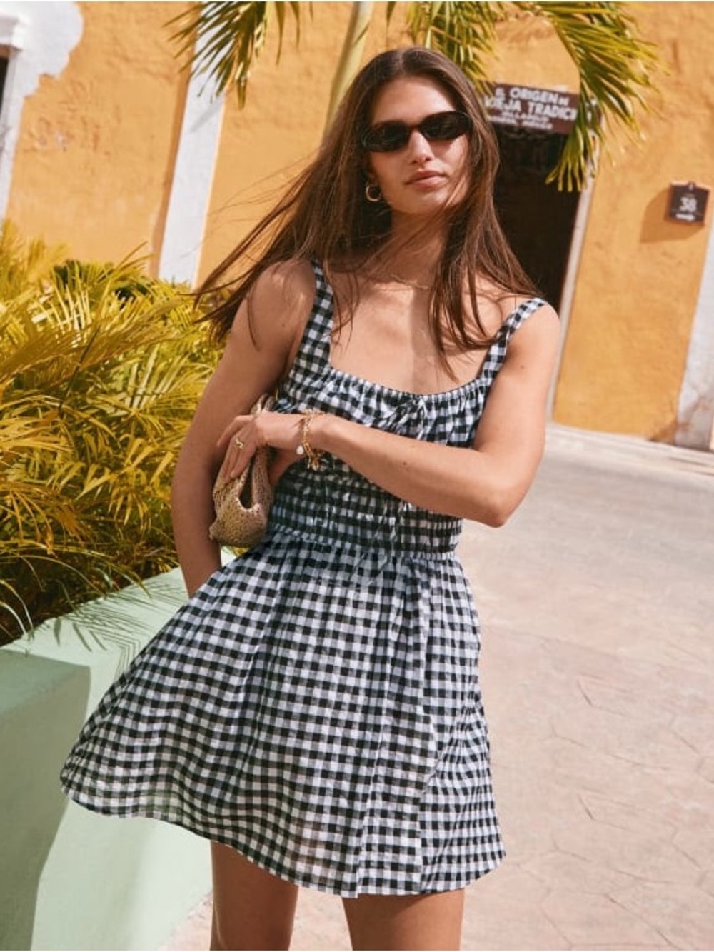 LOFT Petite Gingham Smocked Mini Pocket Dress